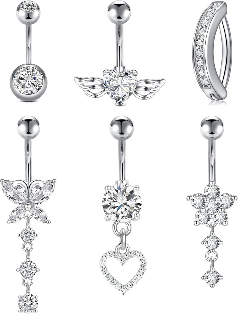 QWALIT Belly Button Rings 14G Surgical Steel Belly Rings CZ Opal Navel Piercing Jewelry for Women Girls 3/8" 10mm Silver Rose Gold - Image 1